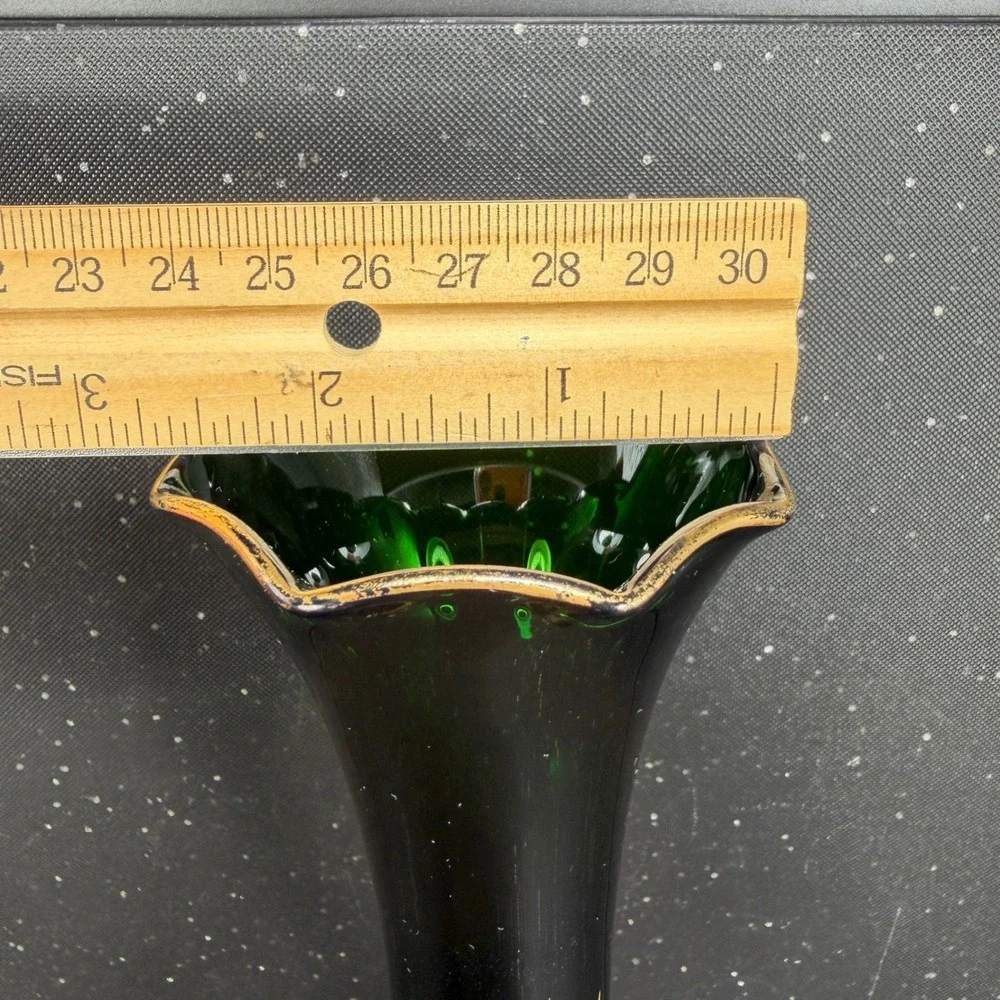 Vintage Emerald Green Glass Bud Vase Gold Rose Wheat Hand Painted Etched 10 Inch